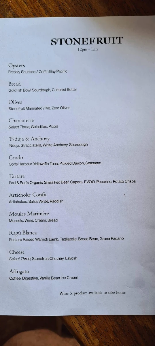 Menu, Stonefruit
