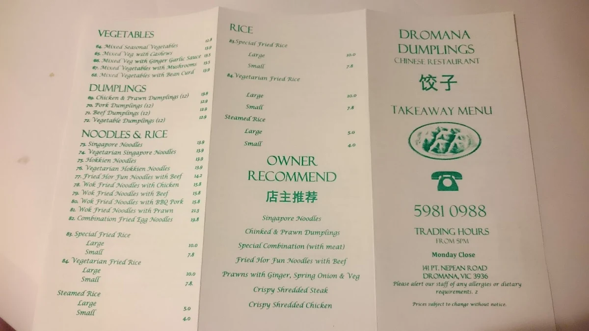 Menu, Dromana Dumpling