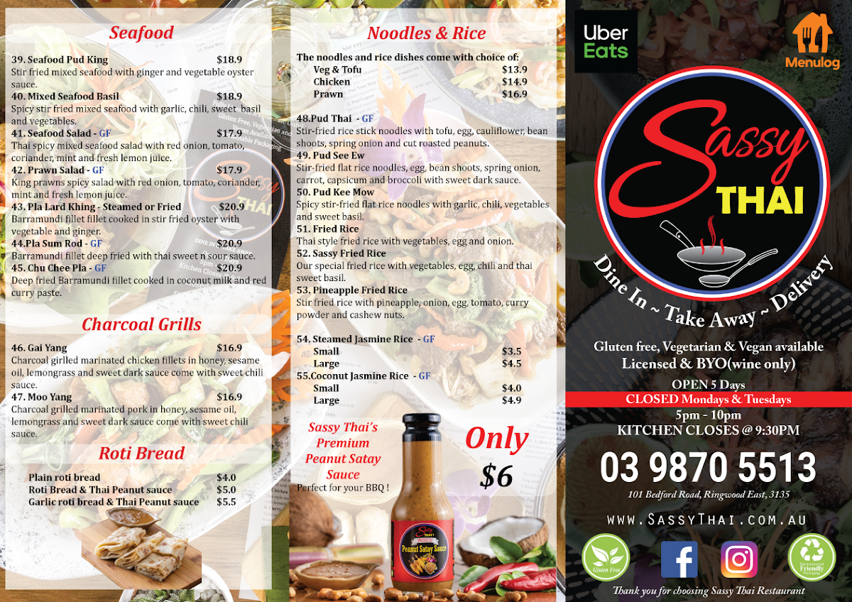 Menu, Sassy Thai Ringwood