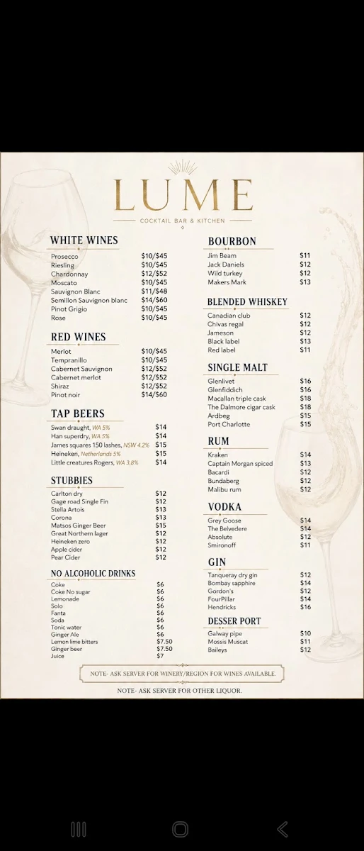 Menu, Lume Bar & Bistro