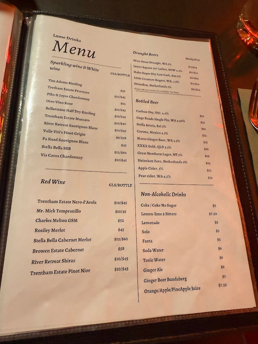 Menu, Lume Bar & Bistro