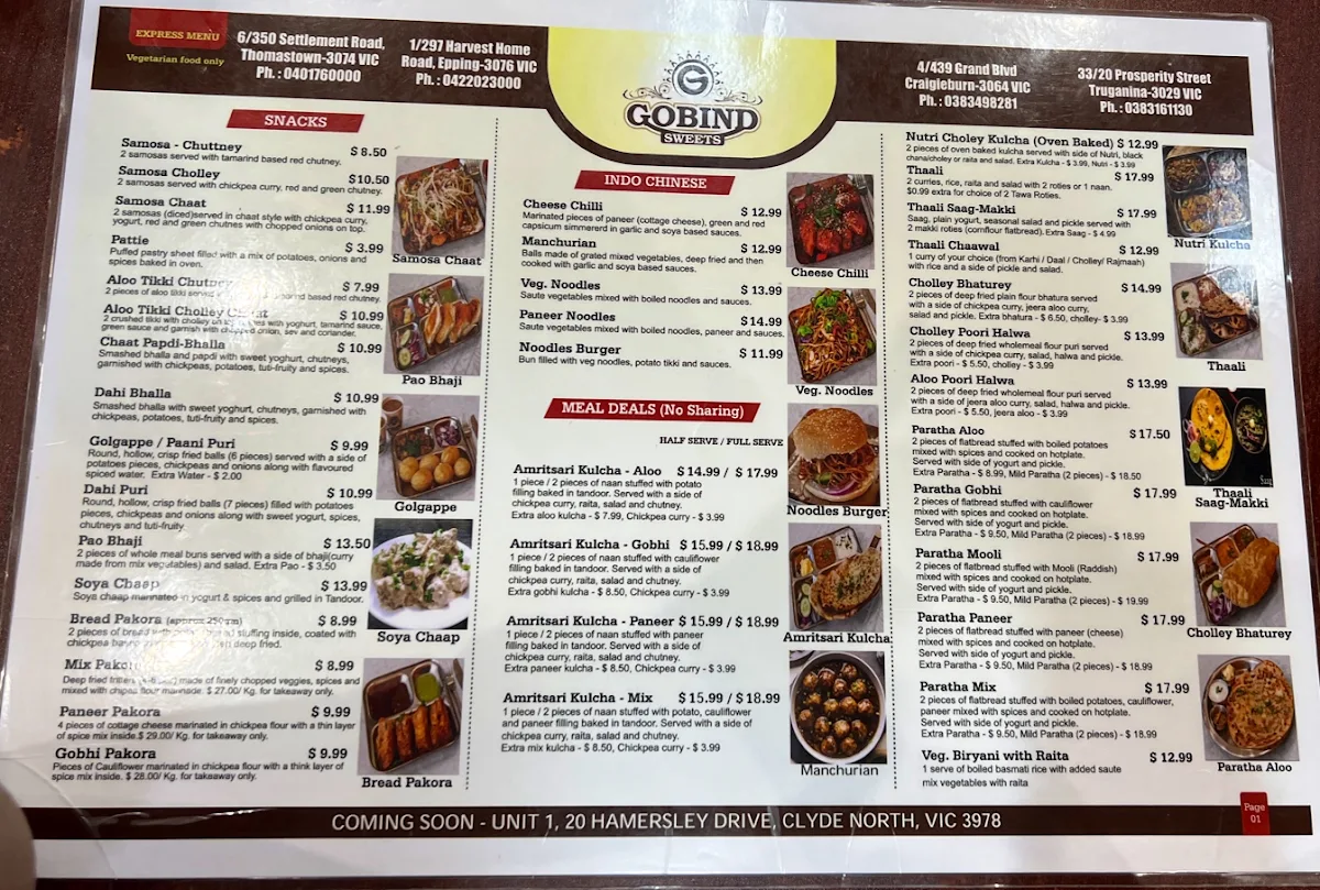 Menu, Gobind Sweets