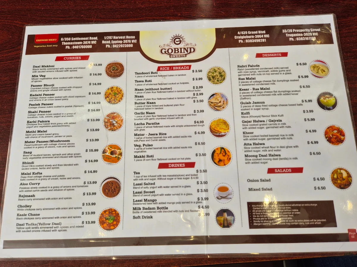Menu, Gobind Sweets
