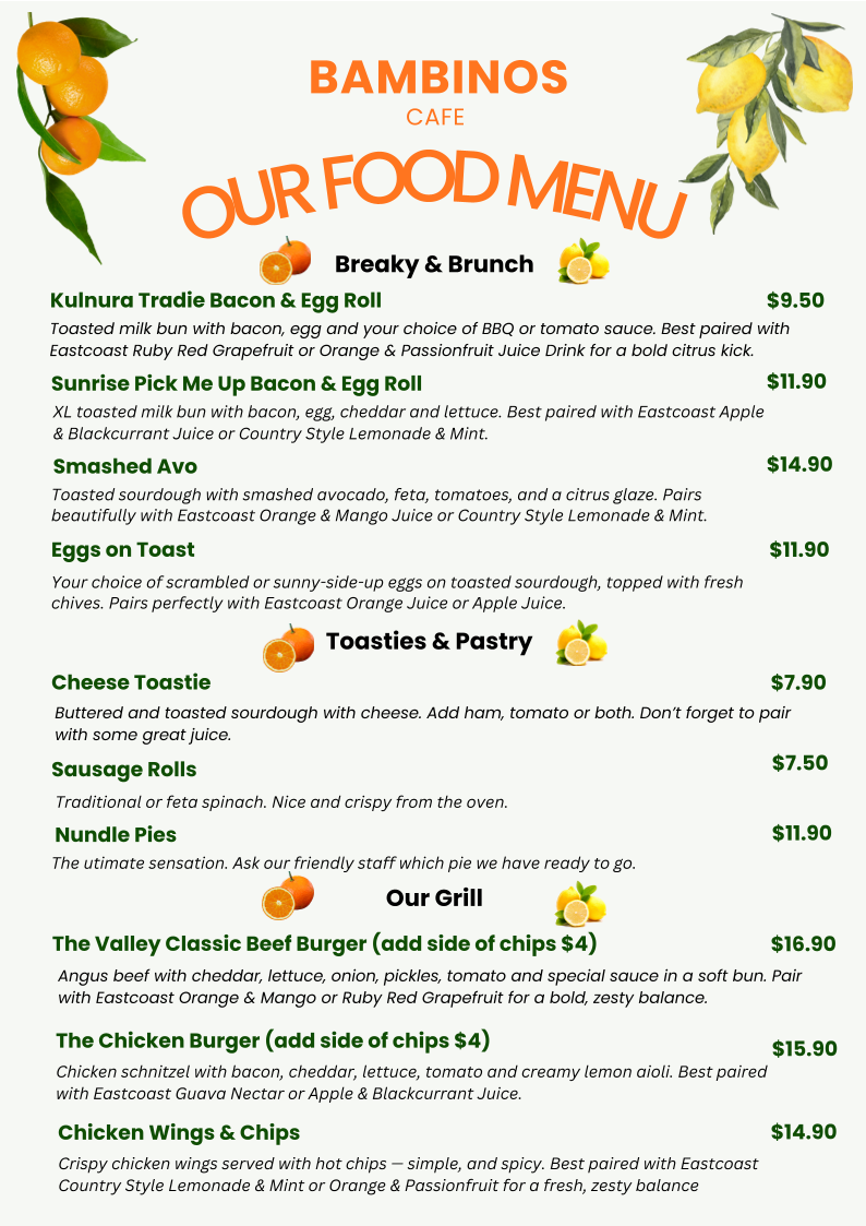 Menu, Bambinos Cafe