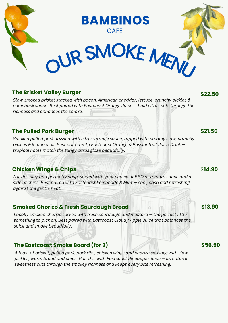 Menu, Bambinos Cafe