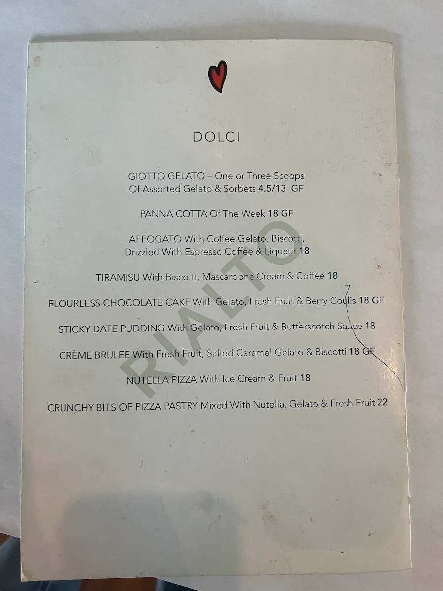 Menu, Cafe Rialto