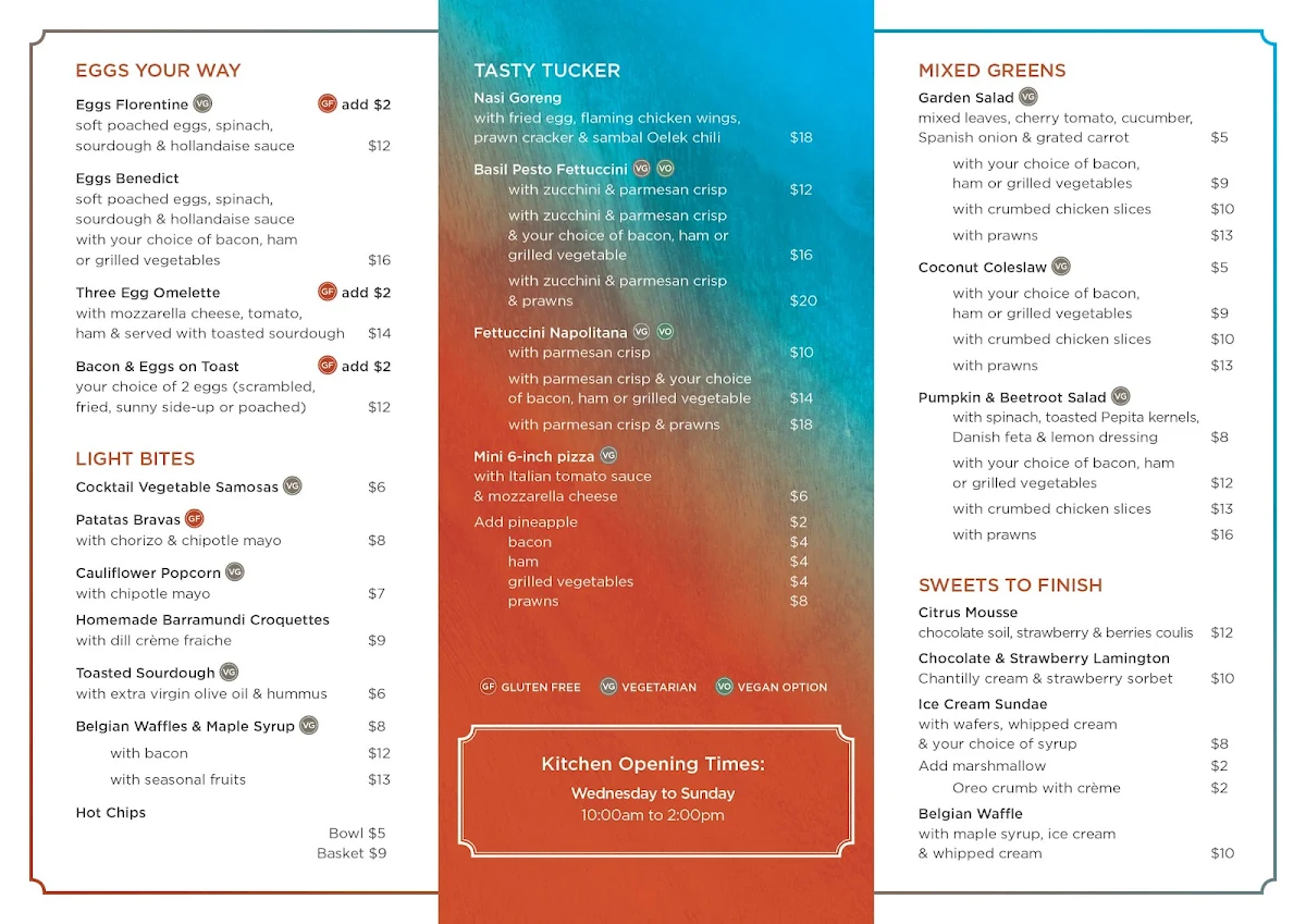 Menu, Jarrah Cafe