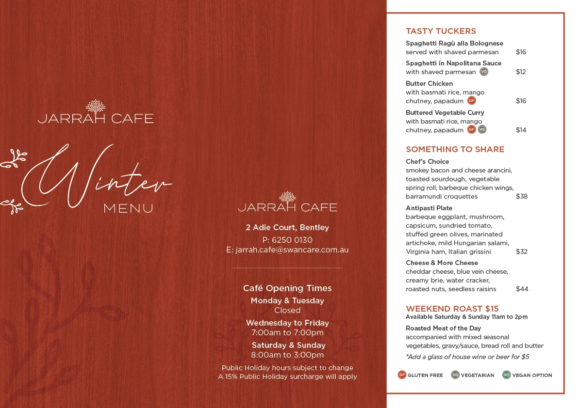 Menu, Jarrah Cafe