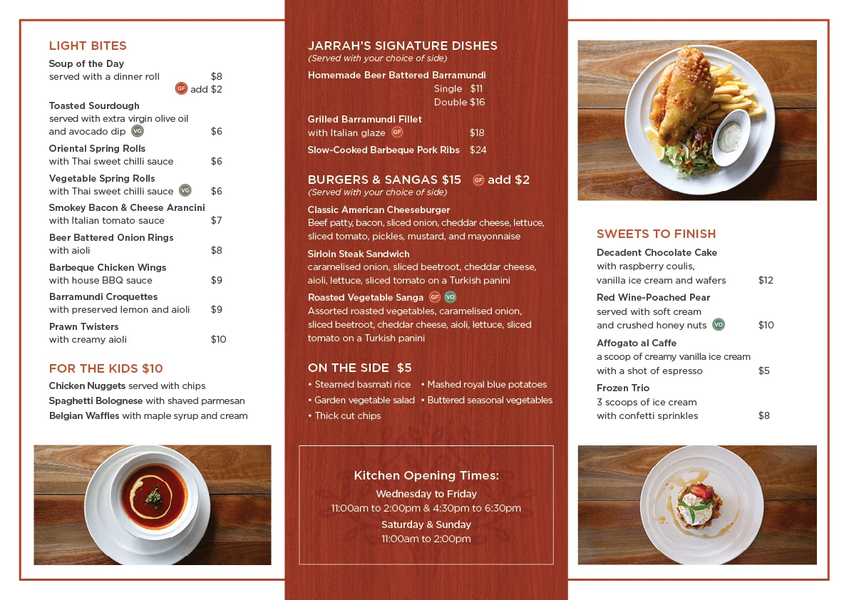 Menu, Jarrah Cafe