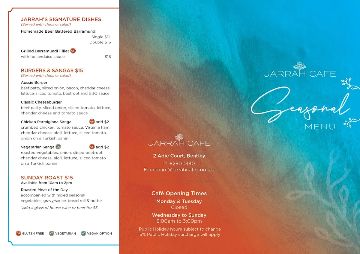 Menu, Jarrah Cafe