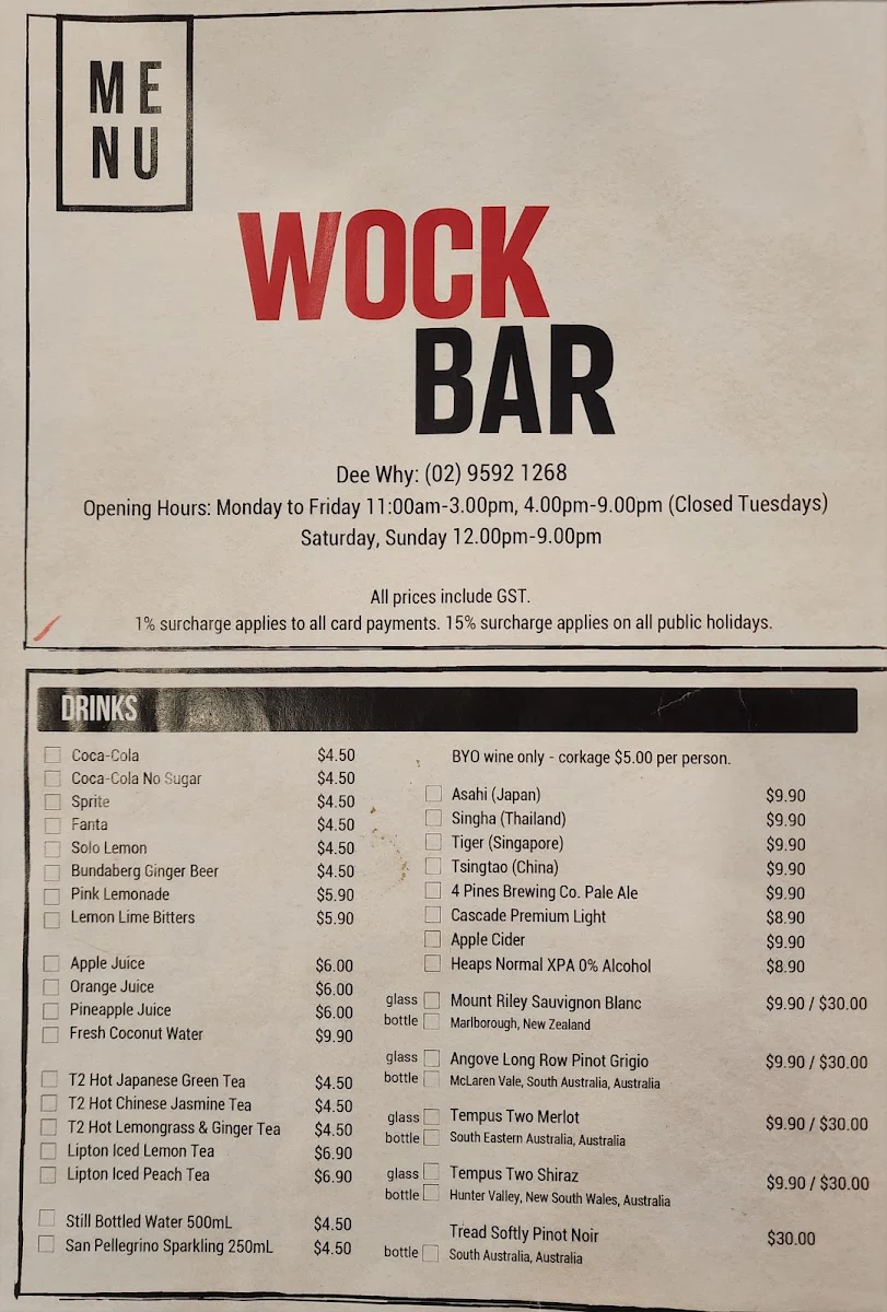 Menu, Wockbar Dee Why