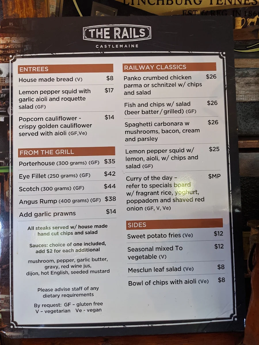 Menu, Railway Hotel Castlemaine