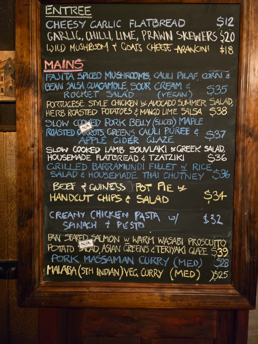 Menu, Railway Hotel Castlemaine