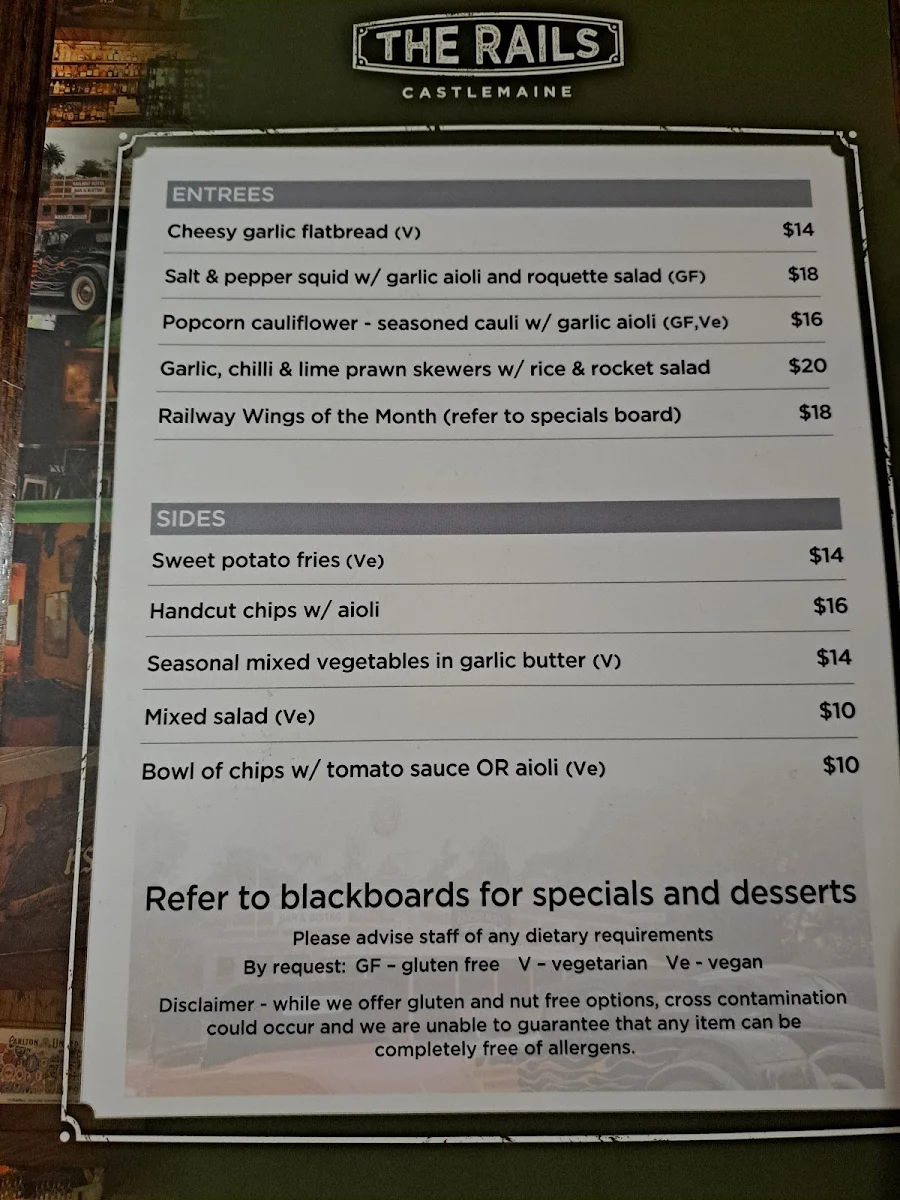 Menu, Railway Hotel Castlemaine