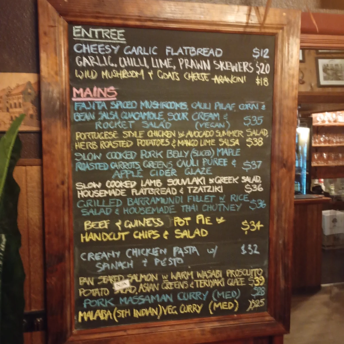 Menu, Railway Hotel Castlemaine