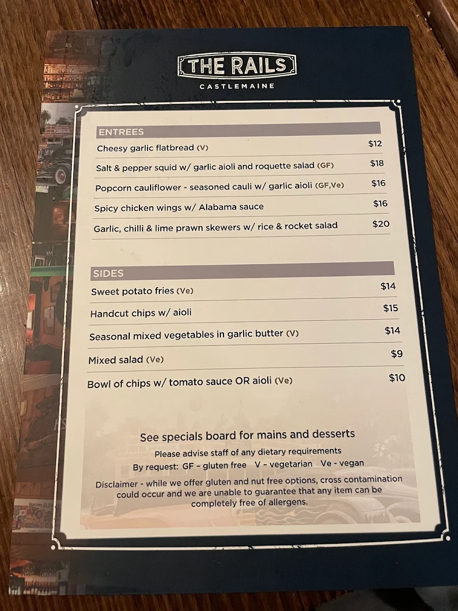 Menu, Railway Hotel Castlemaine
