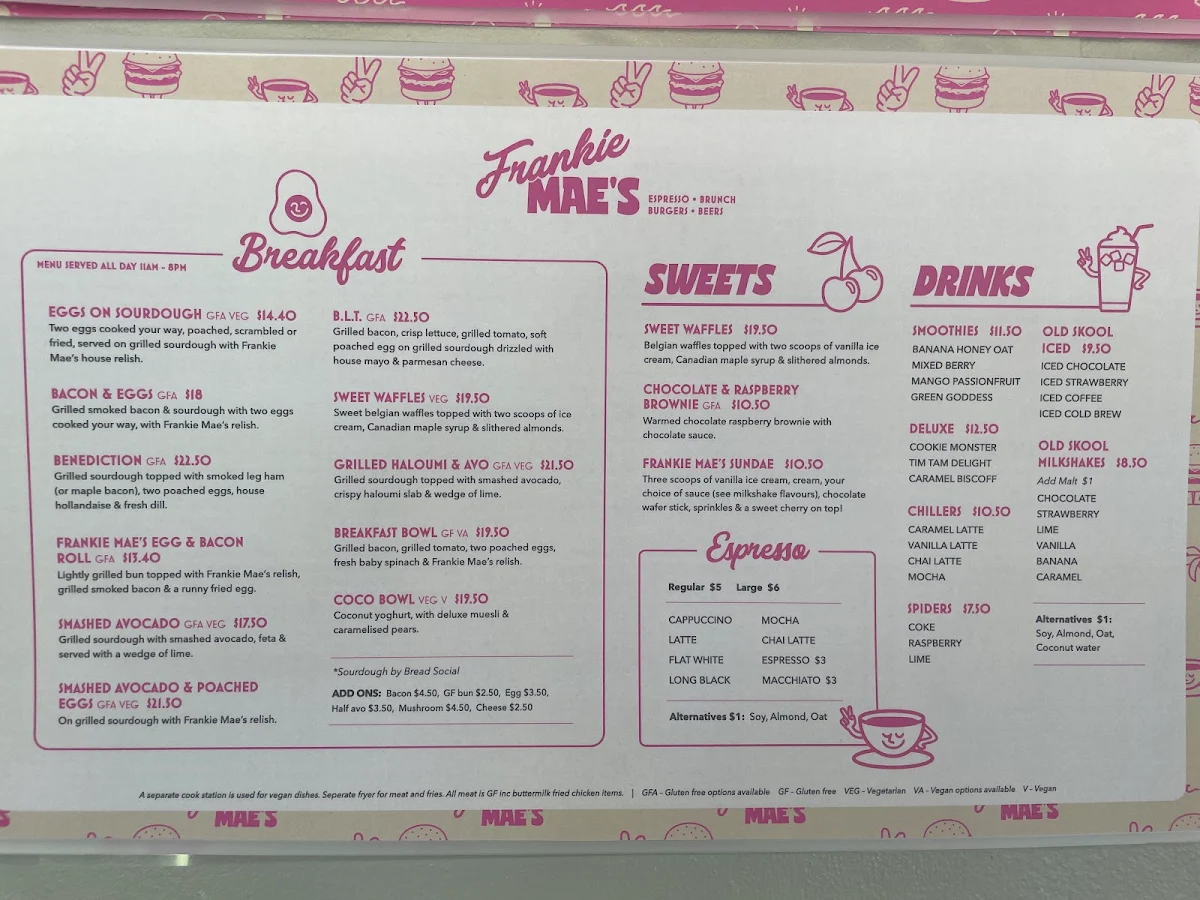 Menu, Frankie Mae’s