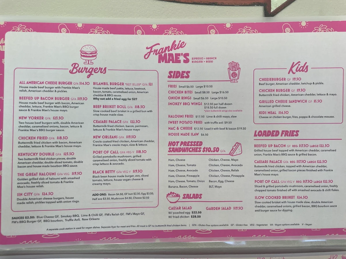 Menu, Frankie Mae’s