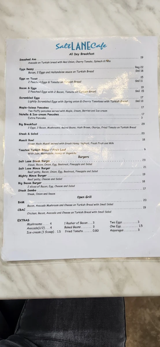 Menu, Salt Lane Cafe