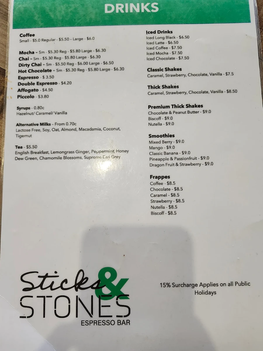 Menu, Sticks & Stones Espresso