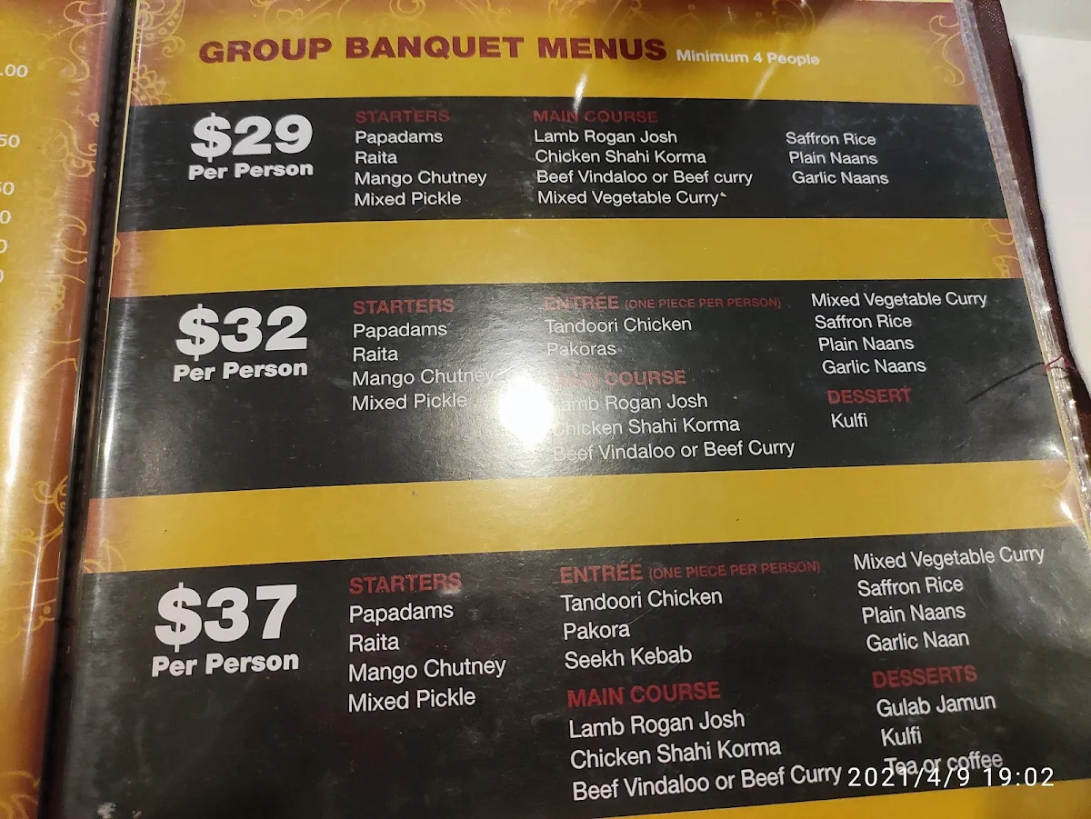 Menu, Tandoori Village