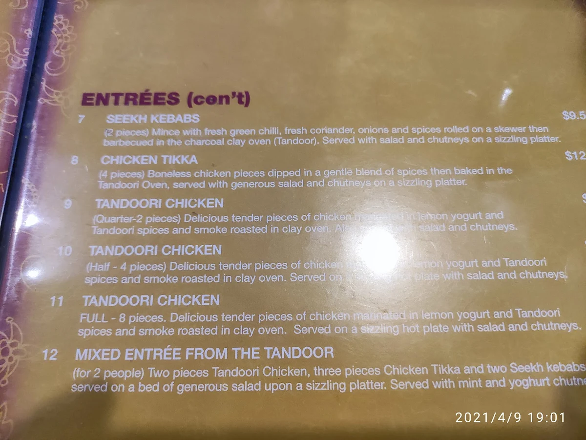 Menu, Tandoori Village