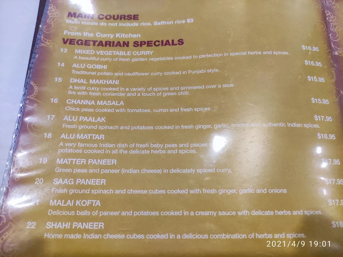 Menu, Tandoori Village