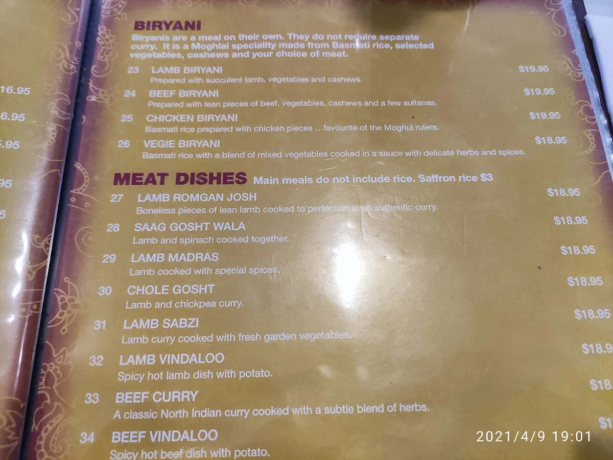 Menu, Tandoori Village