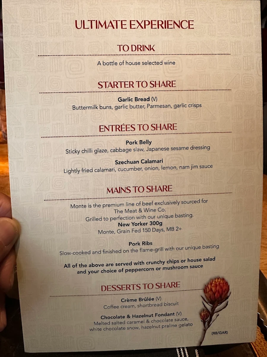 Menu, The Meat & Wine Co Chadstone