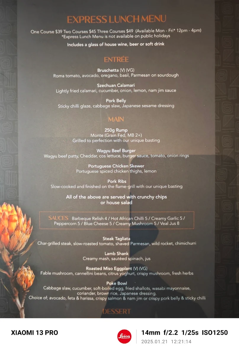 Menu, The Meat & Wine Co Chadstone
