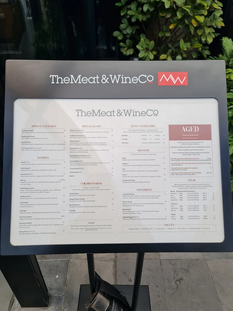 Menu, The Meat & Wine Co Chadstone