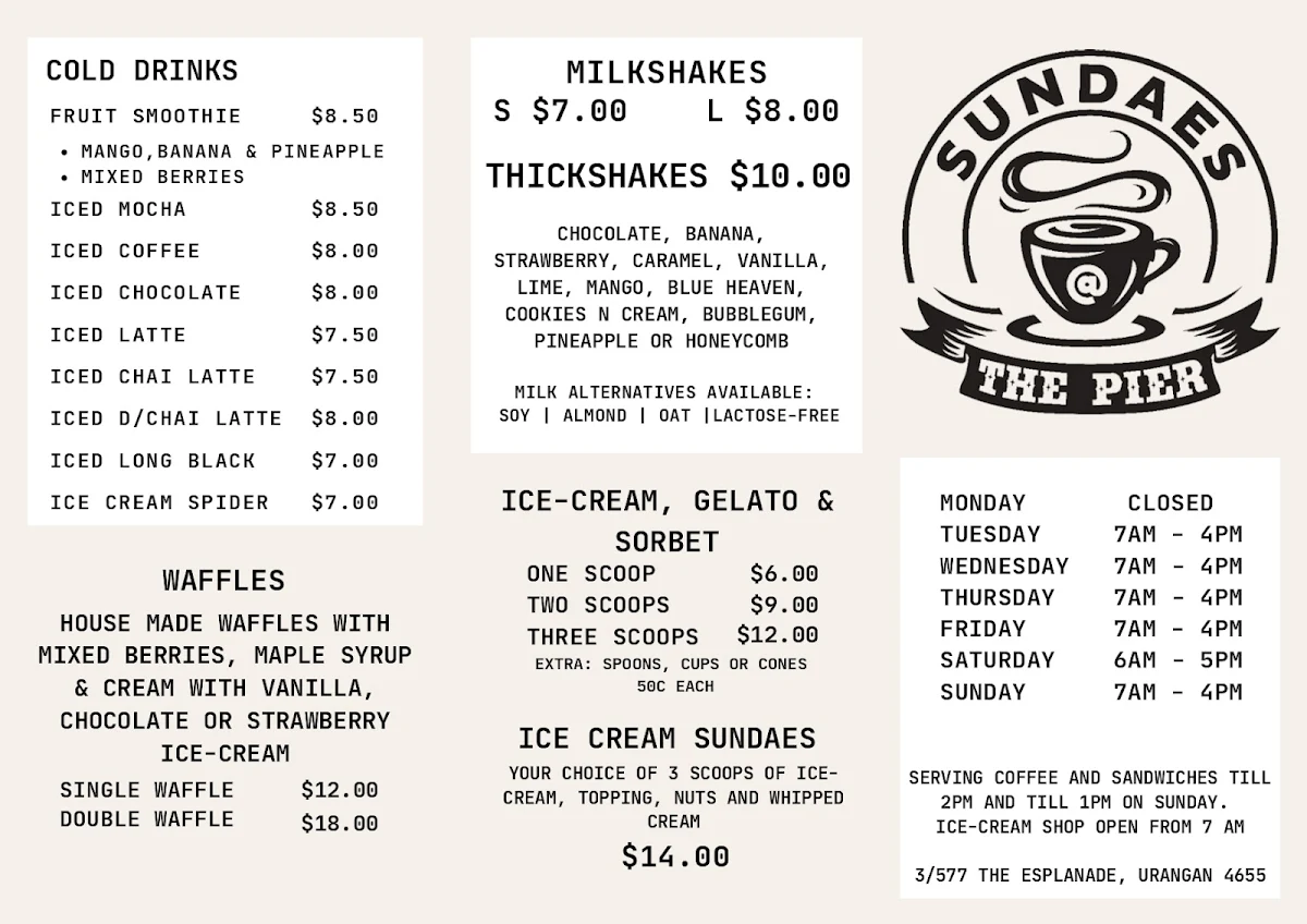 Menu, Sundaes @ The Pier