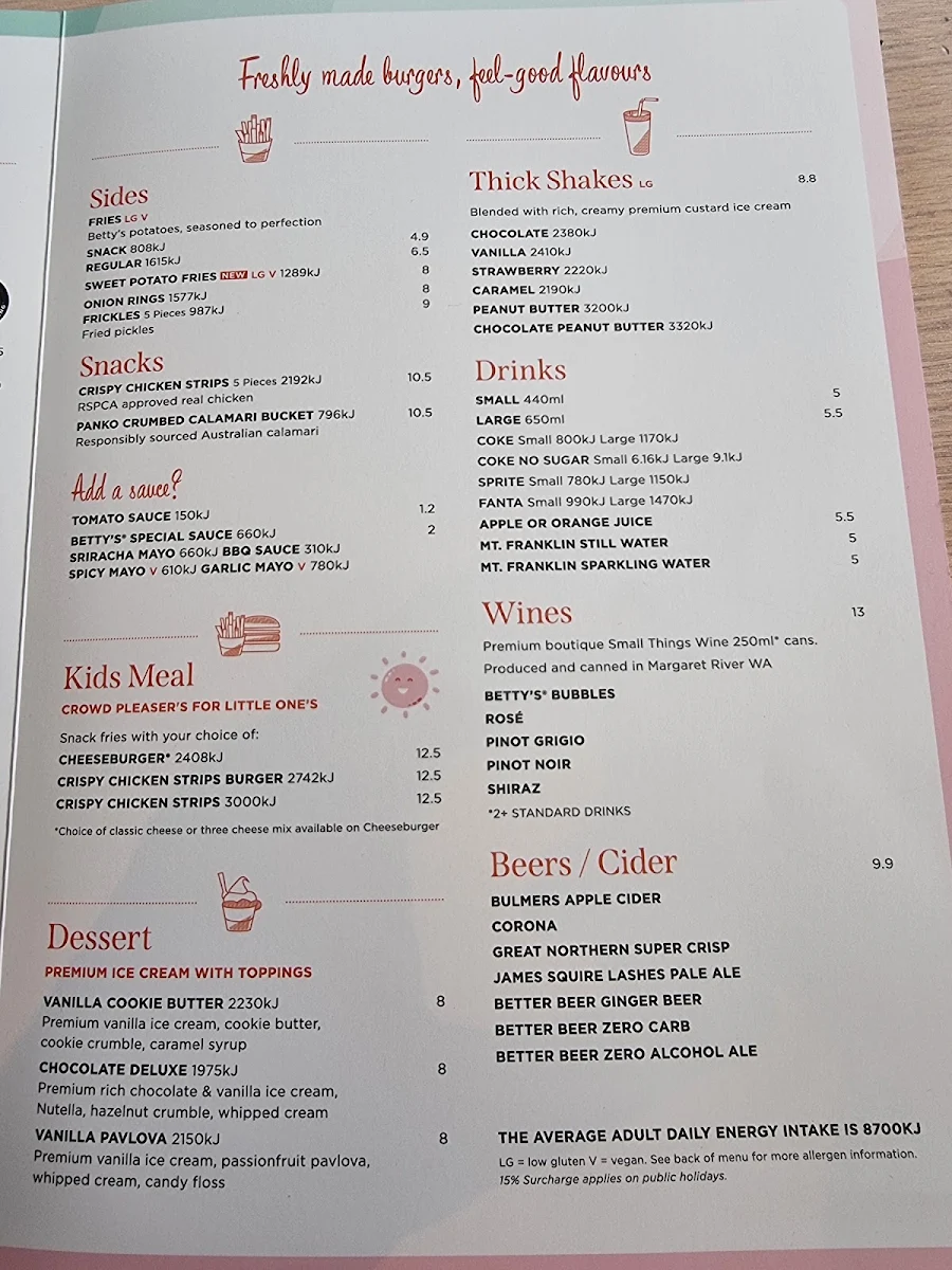 Menu, Betty's Burgers