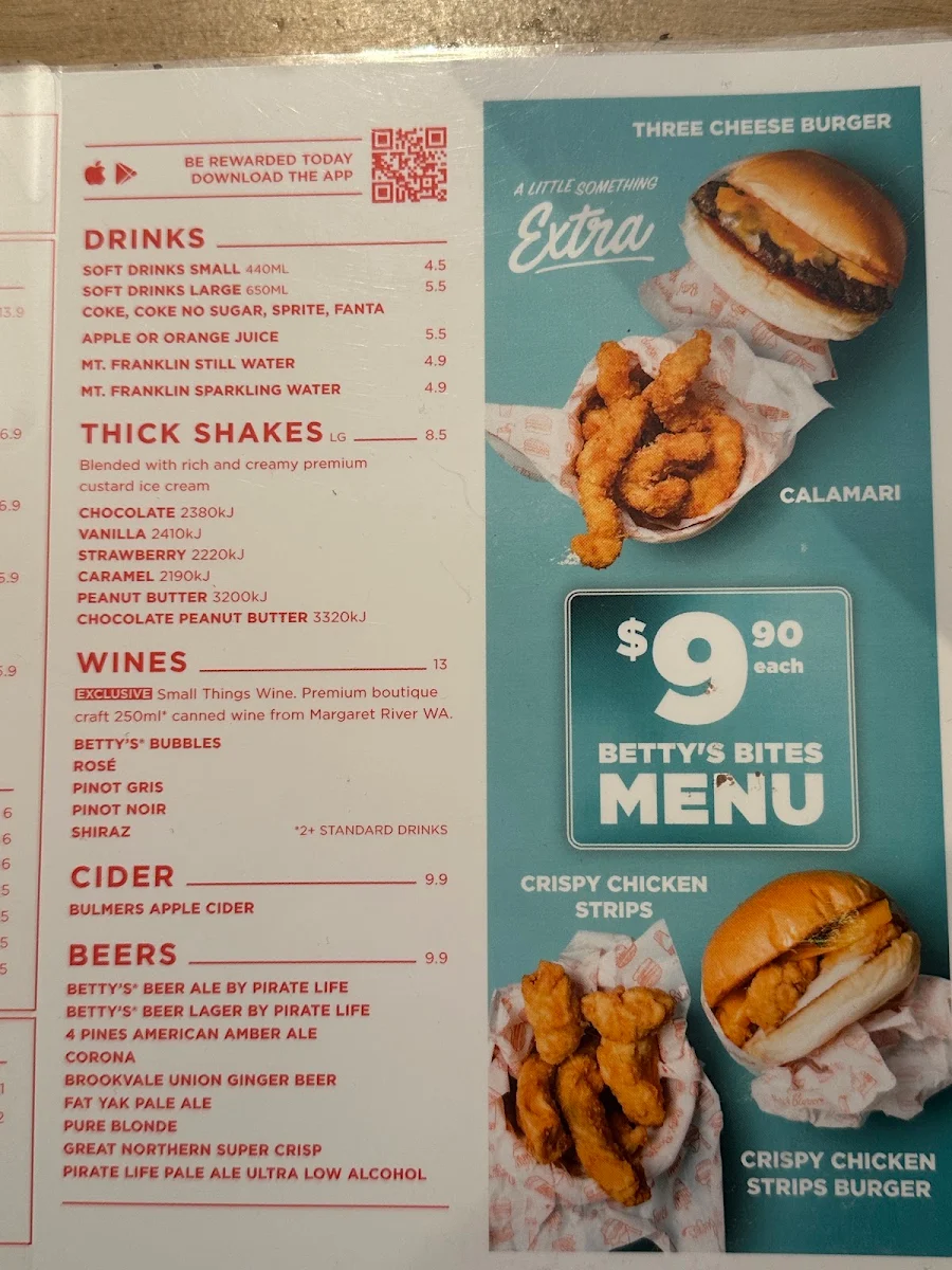 Menu, Betty's Burgers