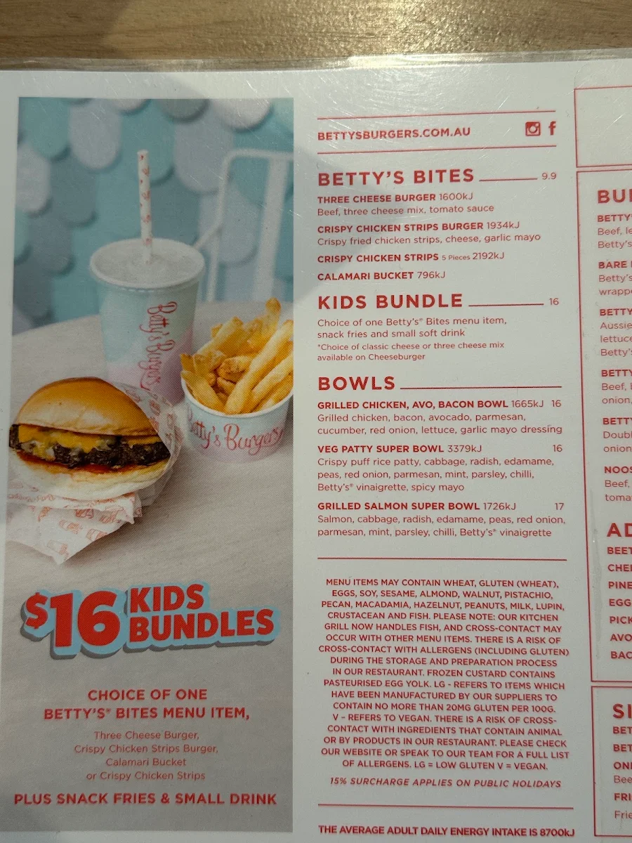 Menu, Betty's Burgers