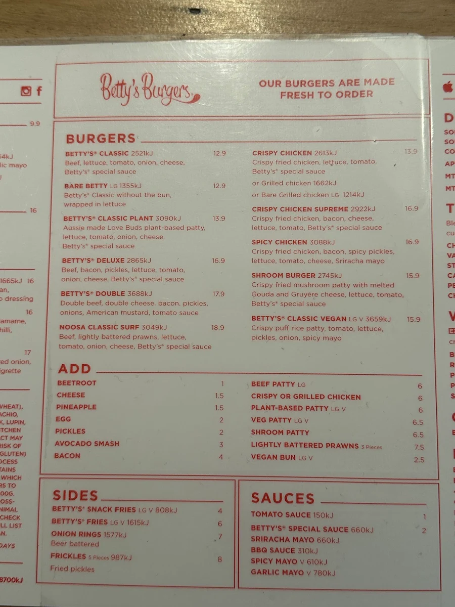 Menu, Betty's Burgers
