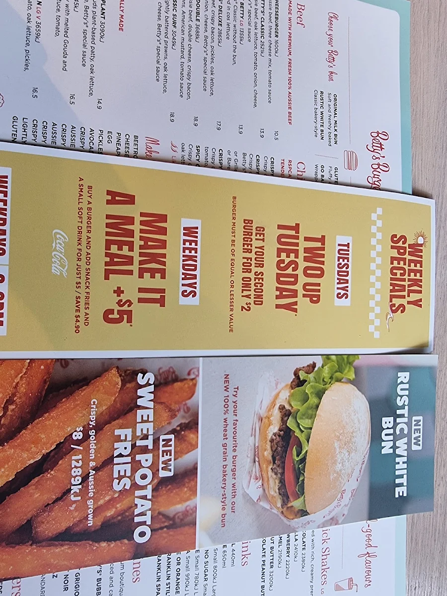 Menu, Betty's Burgers
