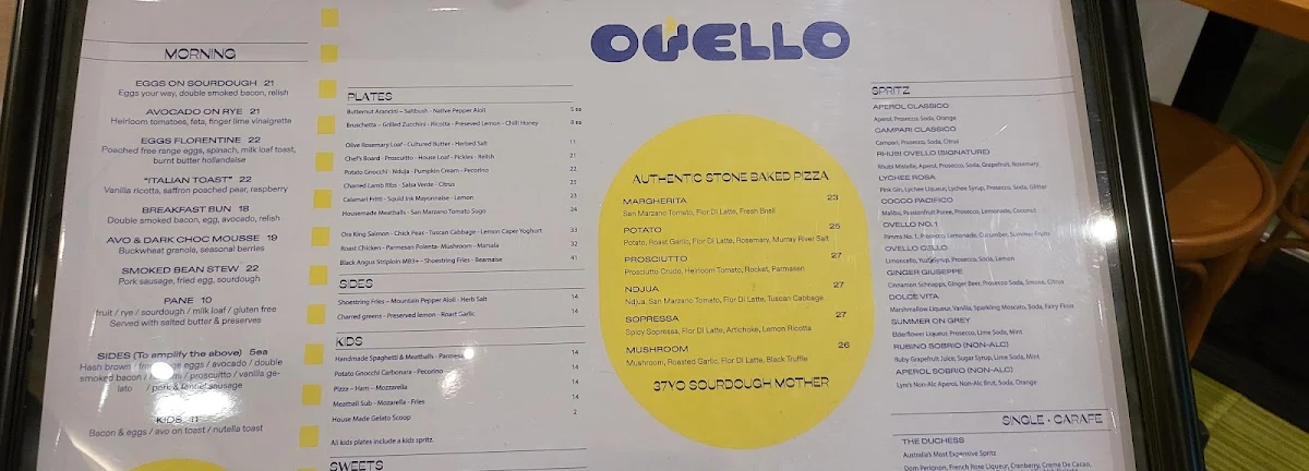 Menu, Ovello Bar and Kitchen