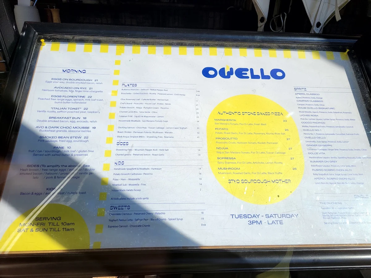 Menu, Ovello Bar and Kitchen