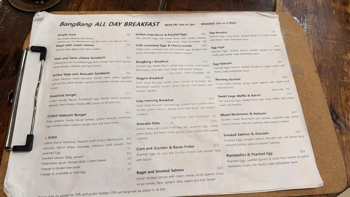 Menu, Café Bang Bang