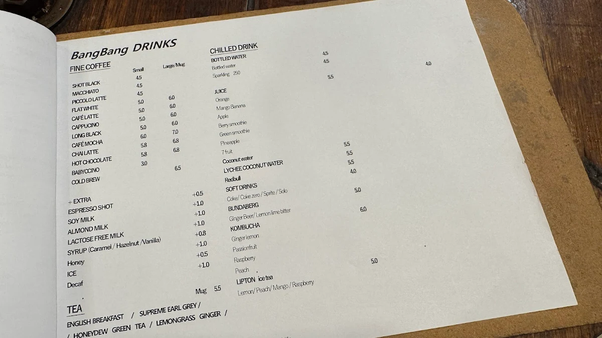 Menu, Café Bang Bang