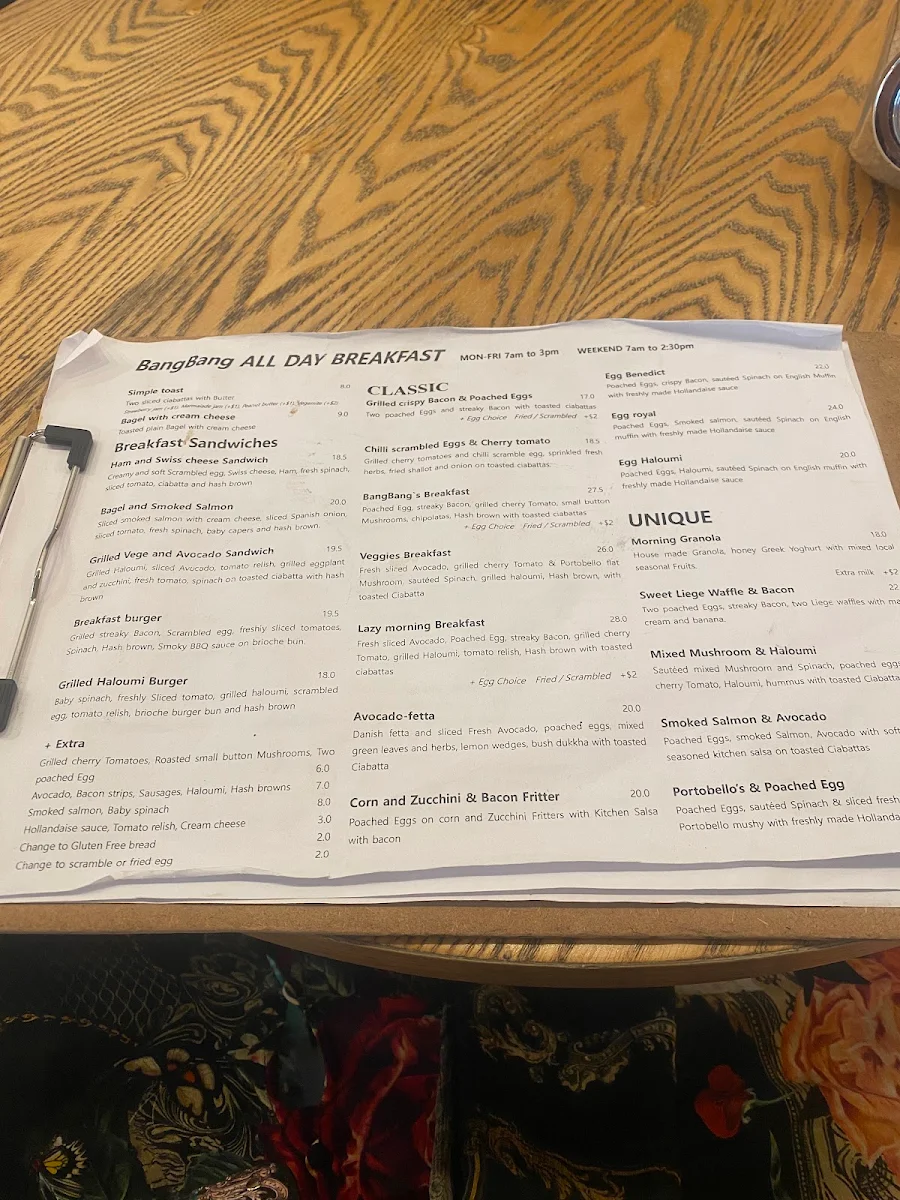 Menu, Café Bang Bang