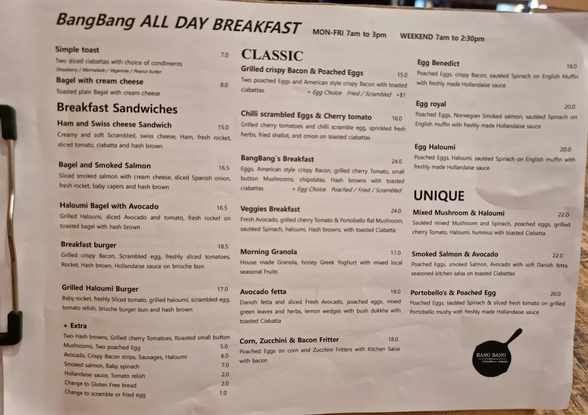 Menu, Café Bang Bang