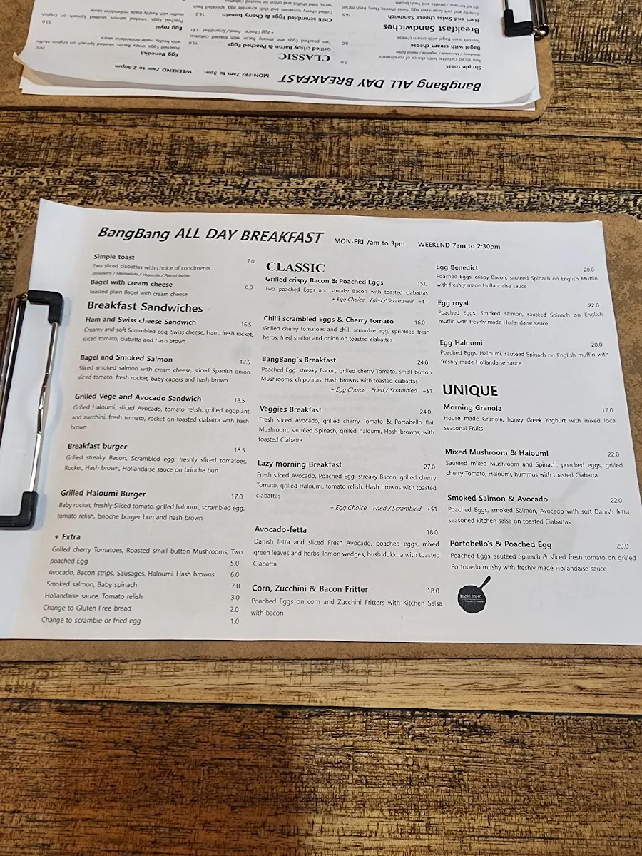 Menu, Café Bang Bang