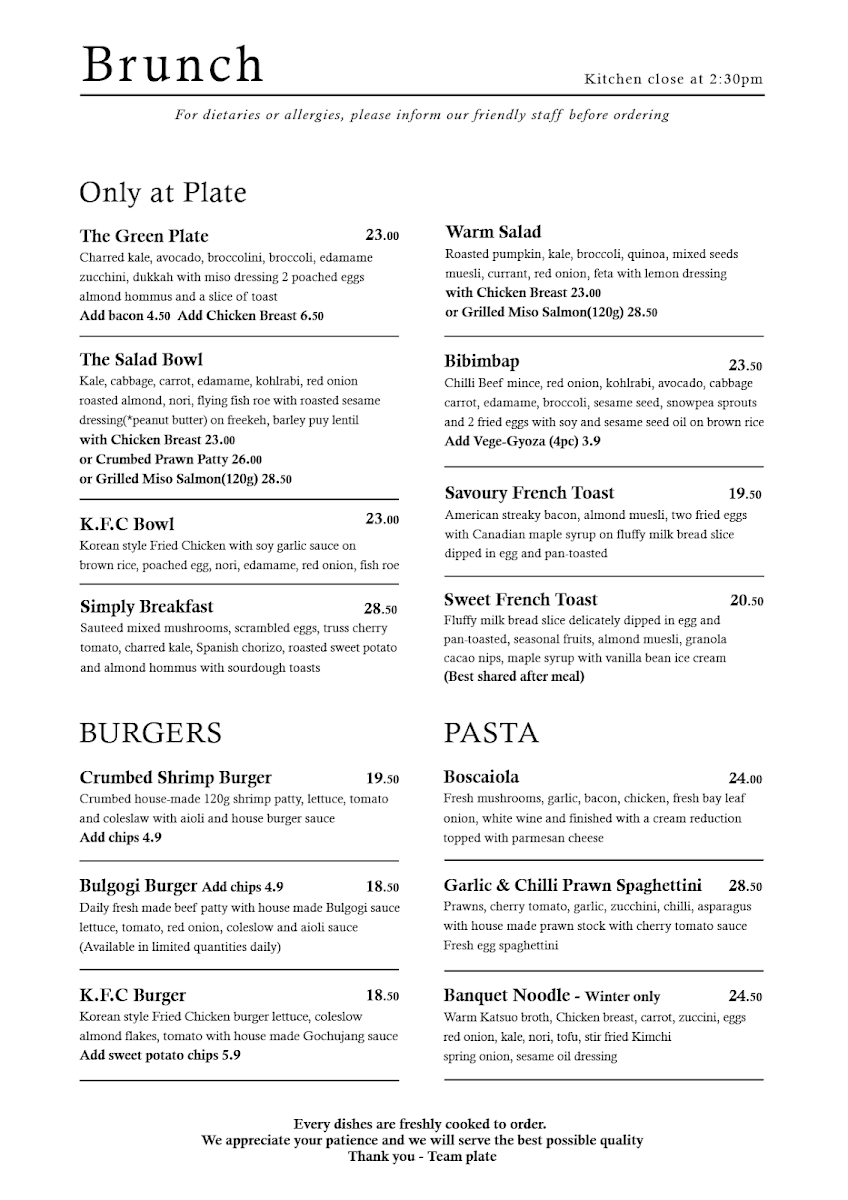 Menu, PLATE CAFE