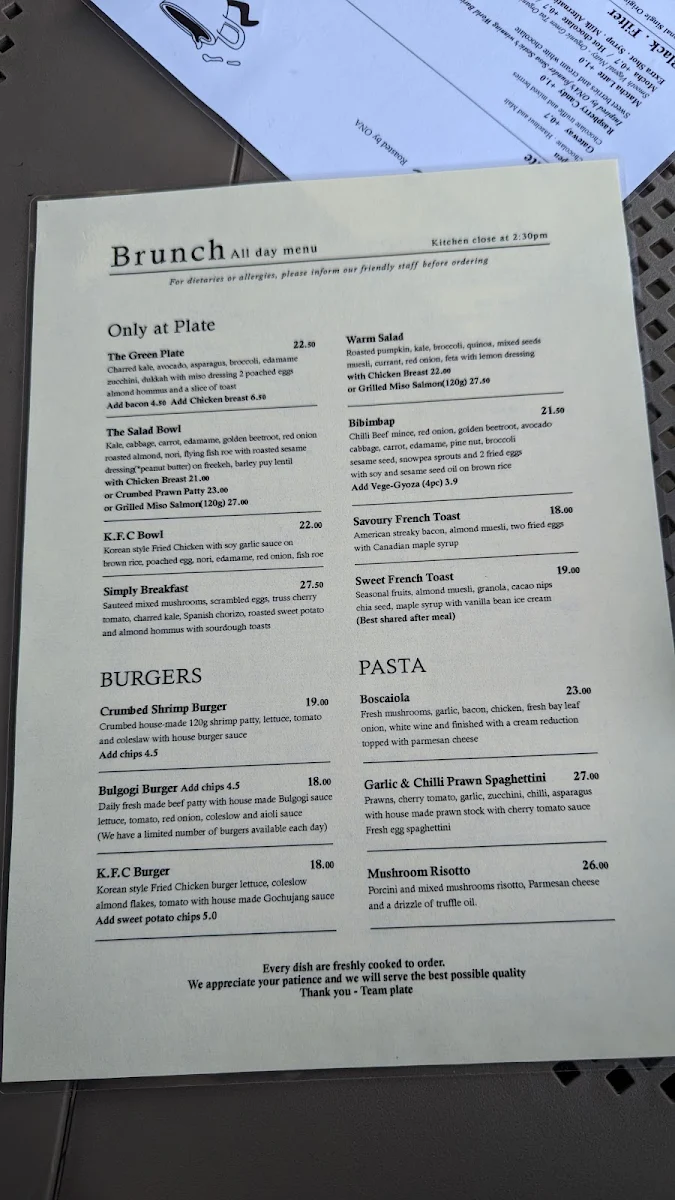 Menu, PLATE CAFE