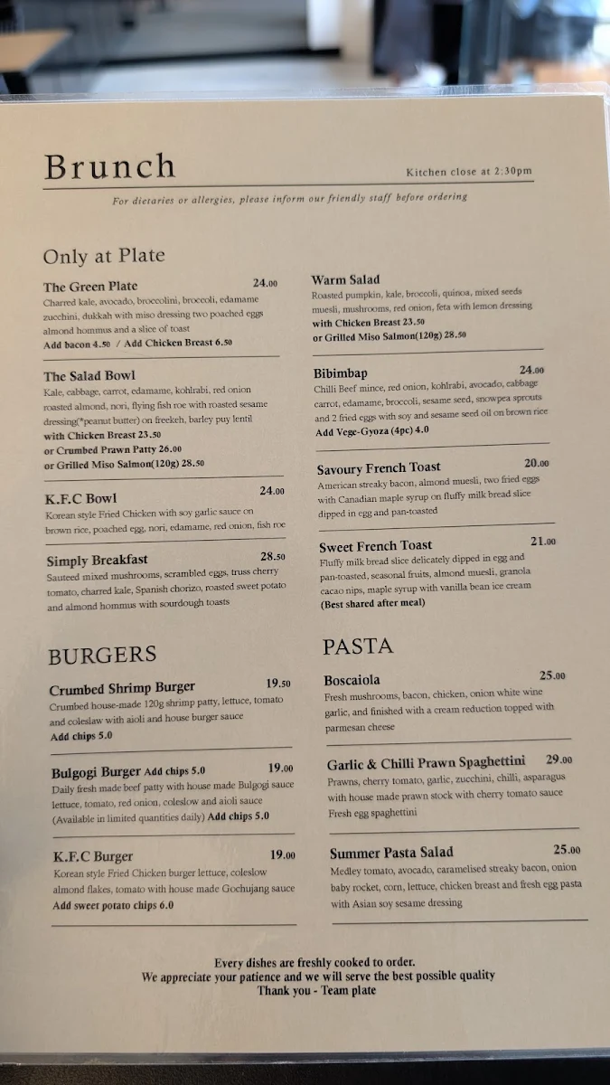 Menu, PLATE CAFE