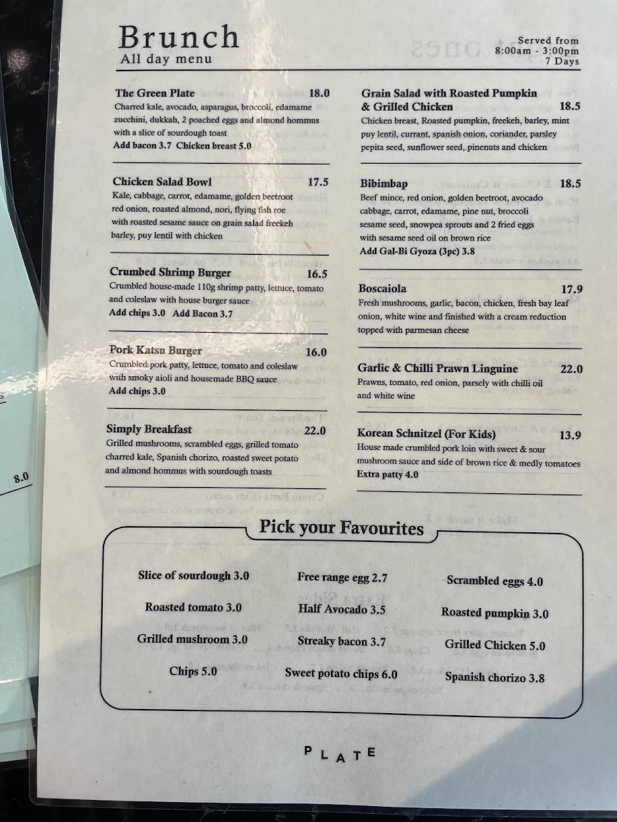 Menu, PLATE CAFE