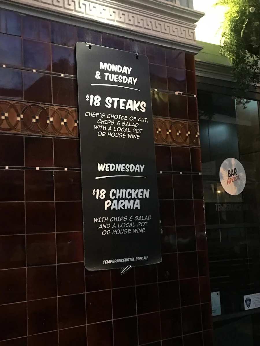 Menu, Temperance Hotel