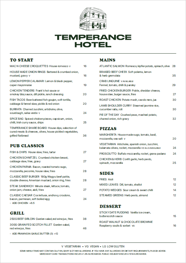Menu, Temperance Hotel